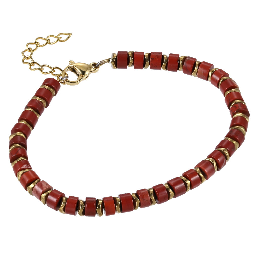 AAB Co stainless steel and hematite beads bracelet with red stone, 14K gold finish