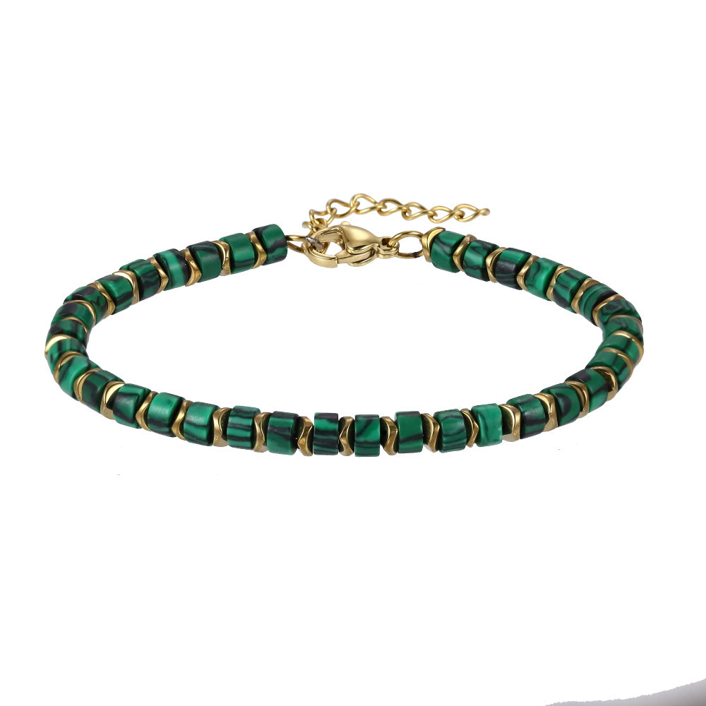 AAB Co stainless steel and hematite beads bracelet with synthetic malachite stone, 14K gold finish