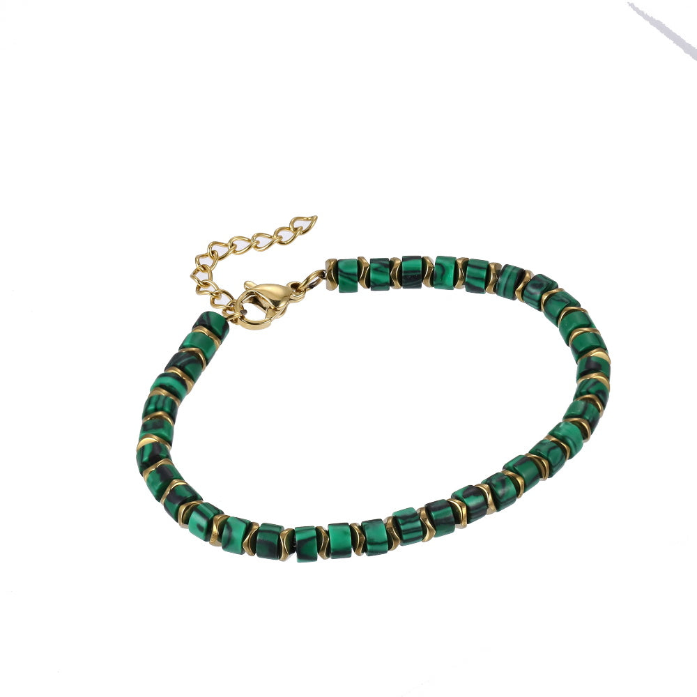 AAB Co stainless steel and hematite beads bracelet with synthetic malachite stone, 14K gold finish
