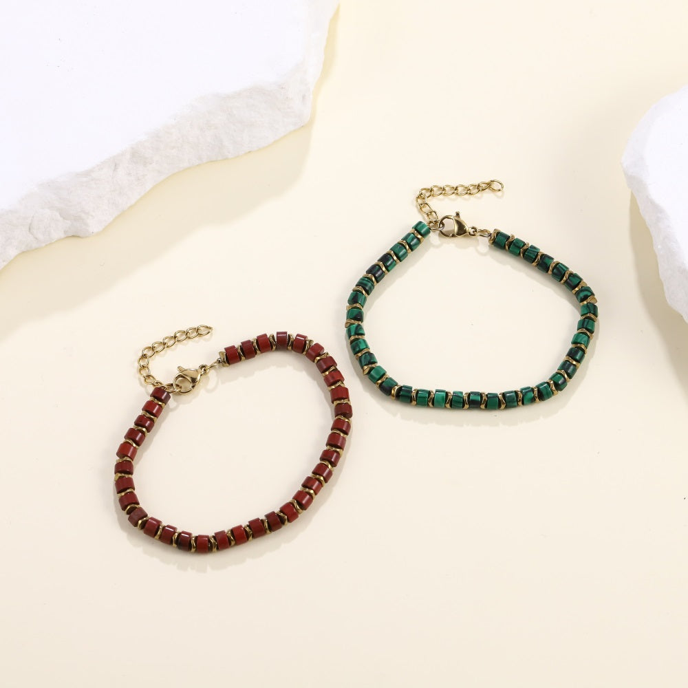 BSS1085 STAINLESS STEEL & HEMATITE BEADS BRACELET WITH STONE