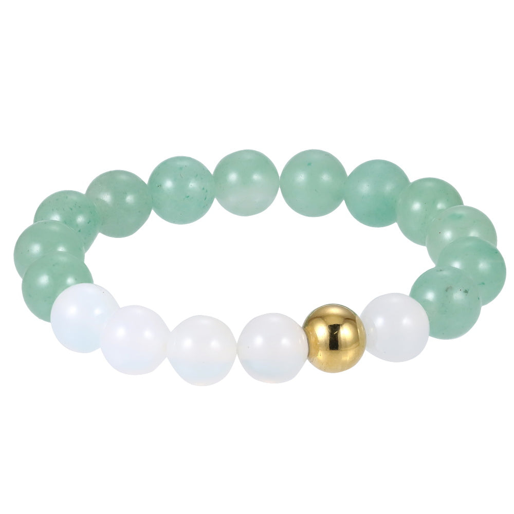 AAB Co stainless steel elastic beads bracelet with natural green aventurine and white chalcedony, 14K gold finish