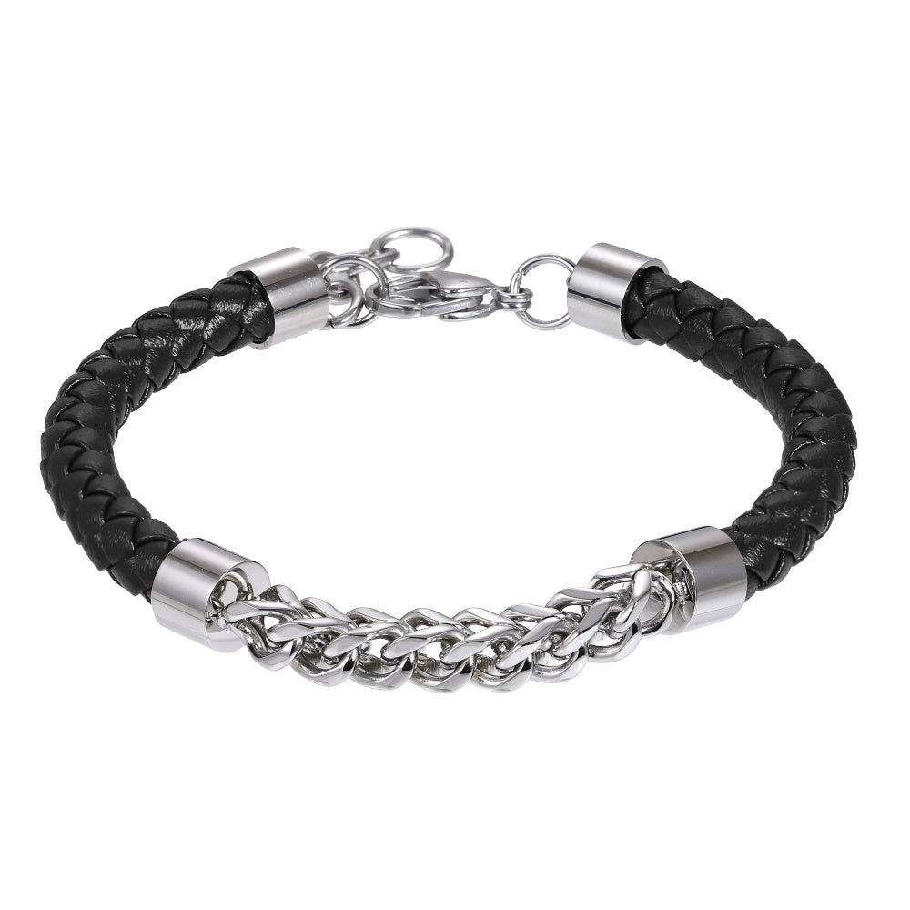 AAB Co. Stainless Steel Chain & Black Leather Bracelet – Braided Design with Steel Chain