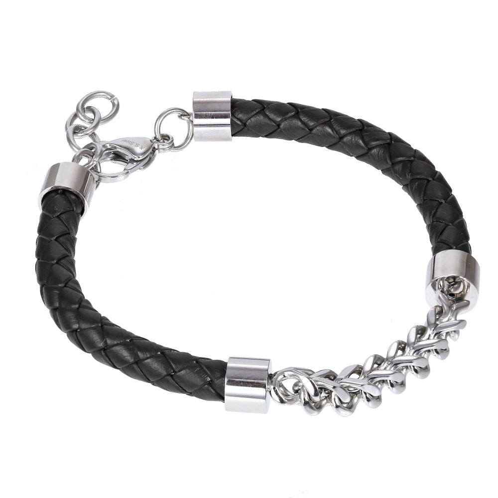 AAB Co. Stainless Steel Chain & Black Leather Bracelet – Braided Design with Steel Chain