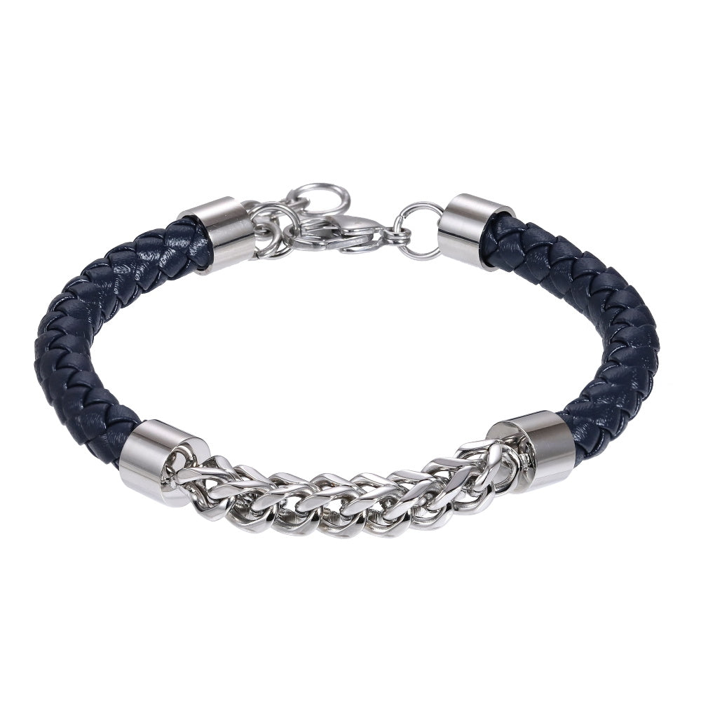 AAB Co. Stainless Steel Chain & Dark Blue Leather Bracelet – Braided Design with Steel Chain