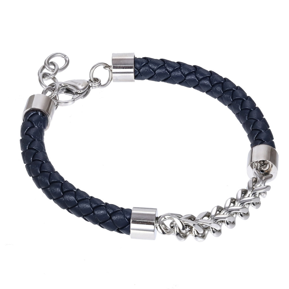 AAB Co. Stainless Steel Chain & Dark Blue Leather Bracelet – Braided Design with Steel Chain