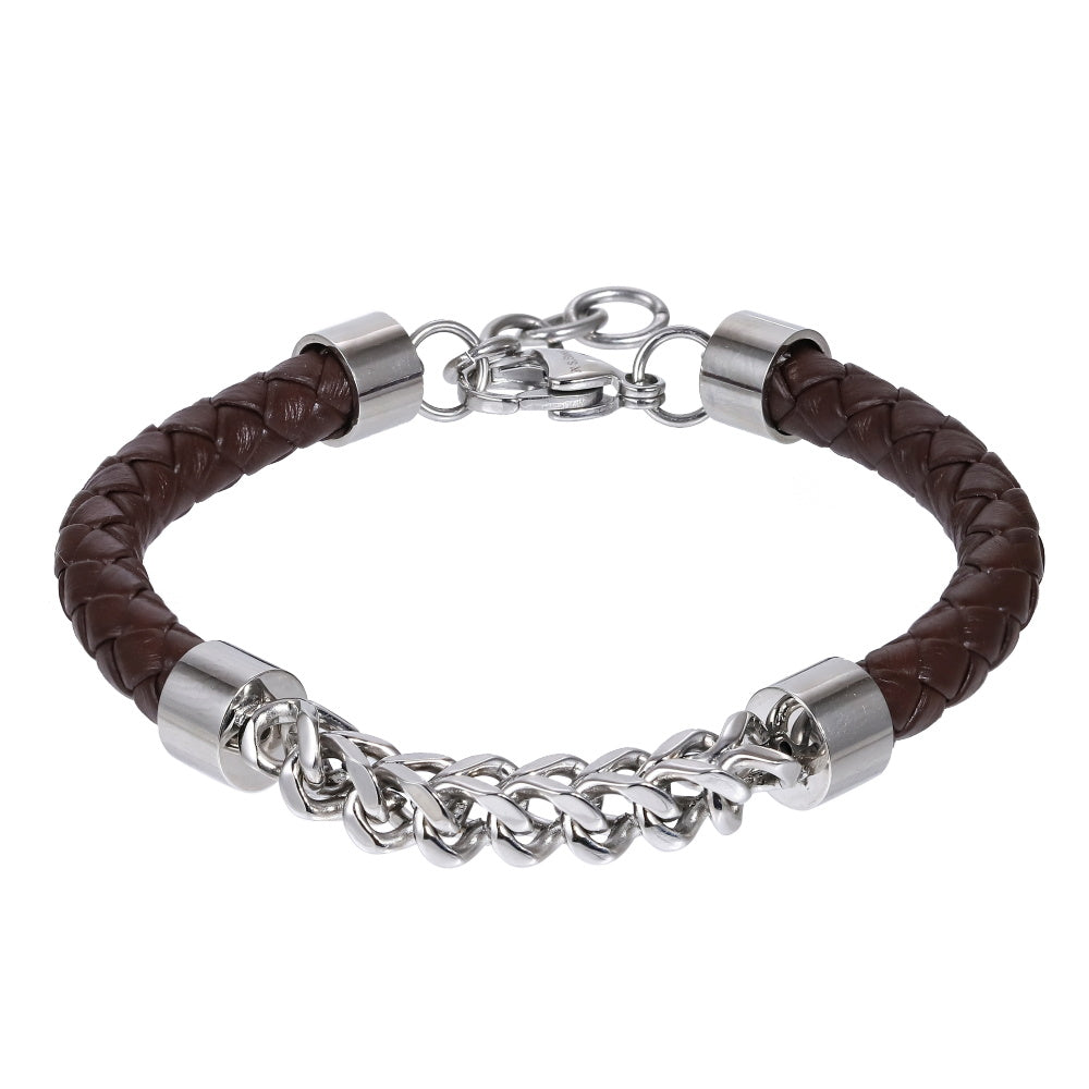 AAB Co. Stainless Steel Chain & Dark Brown Leather Bracelet – Braided Design with Steel Chain