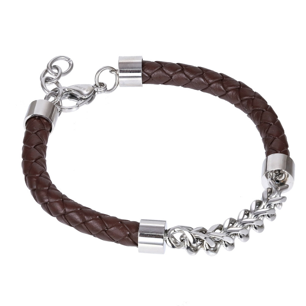 AAB Co. Stainless Steel Chain & Dark Brown Leather Bracelet – Braided Design with Steel Chain