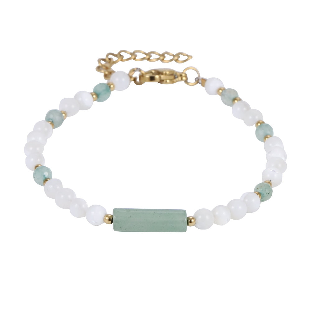 AAB Co stainless steel bracelet with natural green aventurine and white shell beads, 14K gold finish