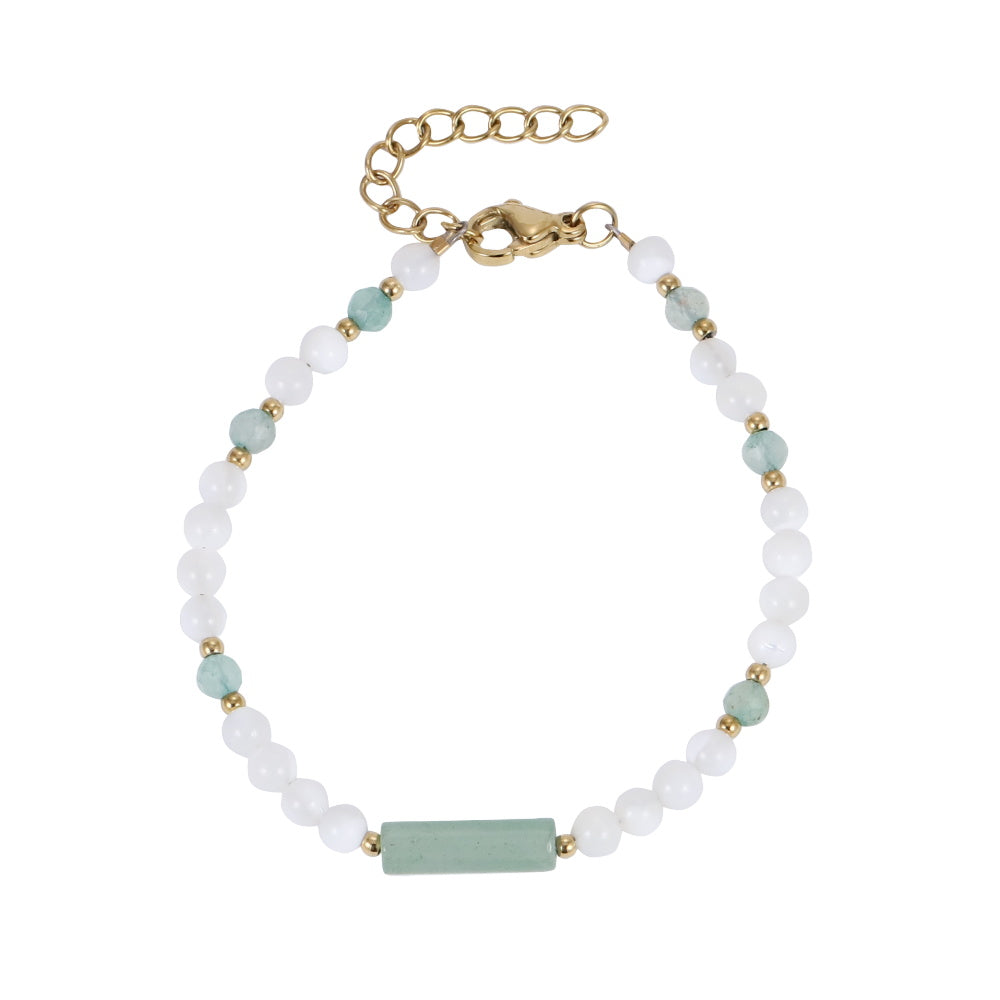 AAB Co stainless steel bracelet with natural green aventurine and white shell beads, 14K gold finish