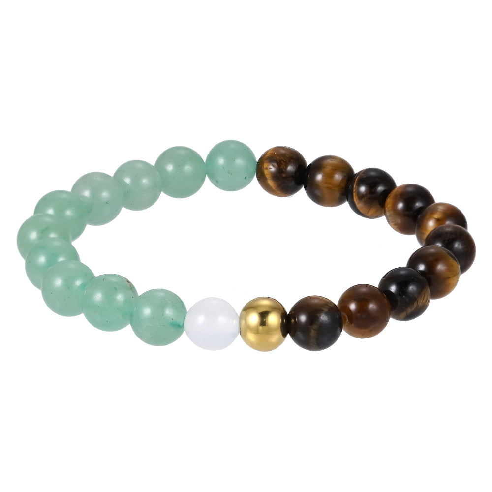 AAB Co stainless steel elastic beads bracelet with green aventurine, white chalcedony and yellow tiger eye, 14K gold finish