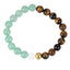 AAB Co stainless steel elastic beads bracelet with green aventurine, white chalcedony and yellow tiger eye, 14K gold finish