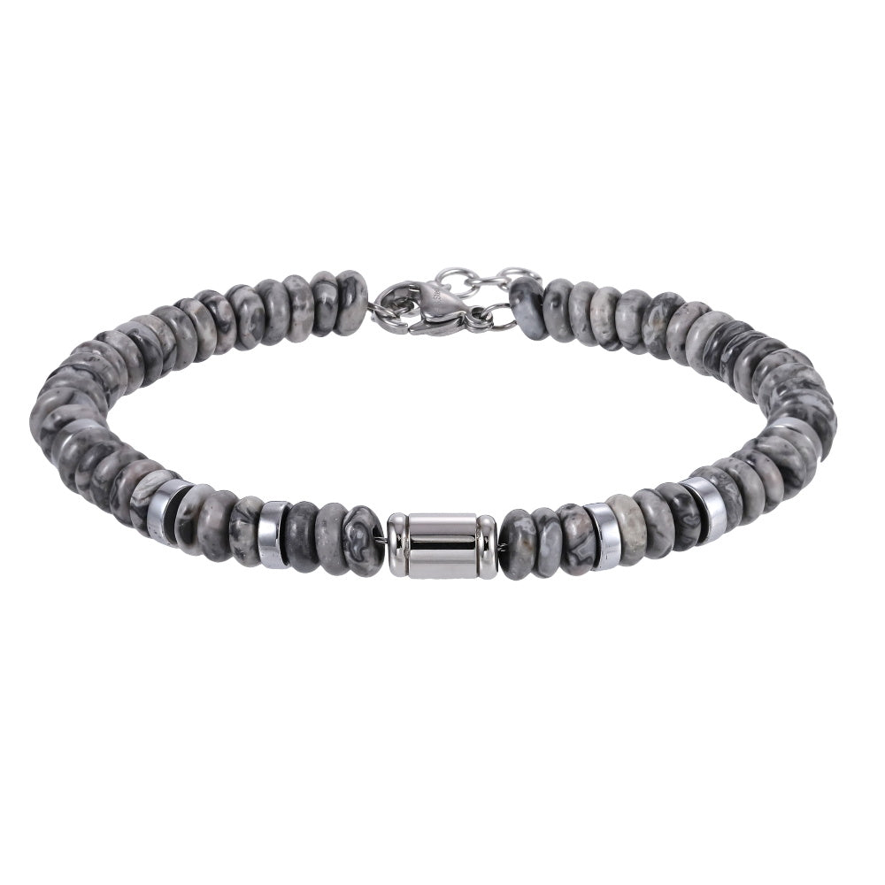 AAB Co stainless steel bracelet with grey jasper and hematite natural stone beads