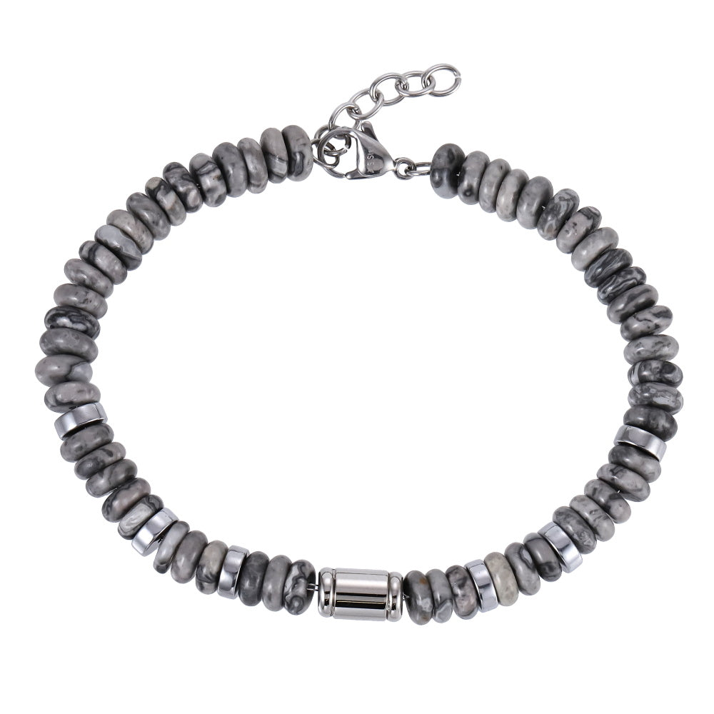 AAB Co stainless steel bracelet with grey jasper and hematite natural stone beads