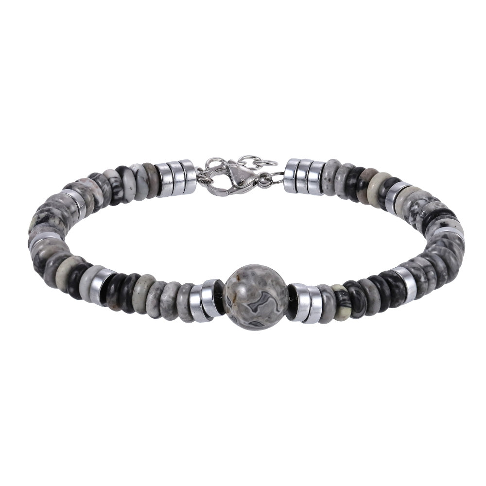 AAB Co stainless steel bracelet with grey jasper and hematite natural stone beads