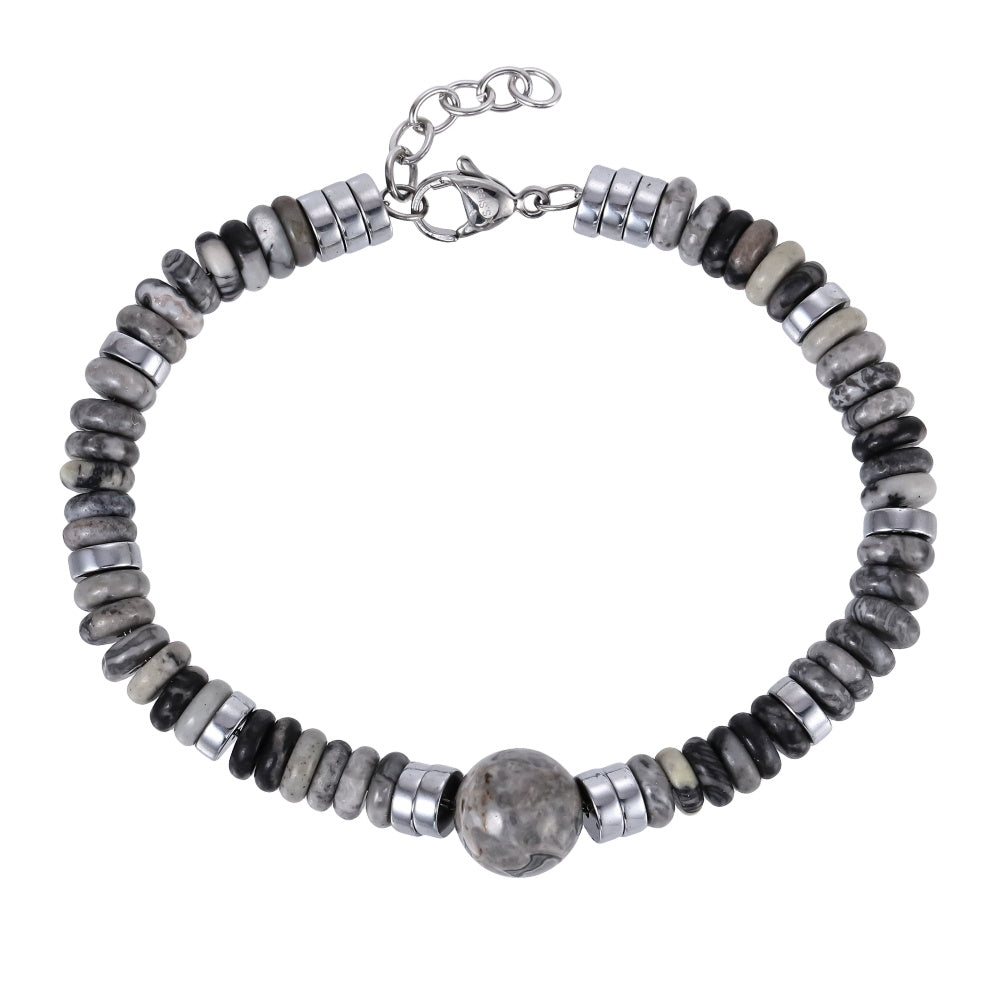 AAB Co stainless steel bracelet with grey jasper and hematite natural stone beads