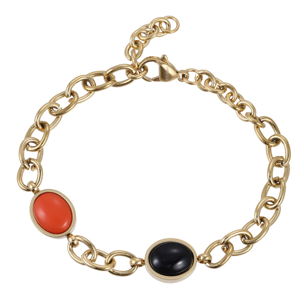 AAB gold-plated stainless steel bracelet with black onyx and synthetic red turquoise, custom jewelry manufacturer