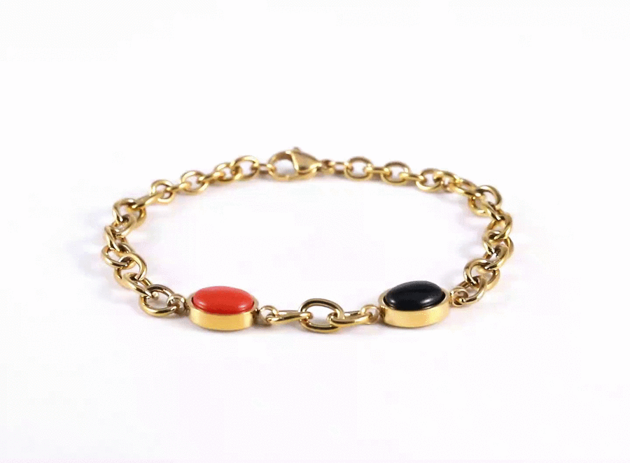 AAB gold-plated stainless steel bracelet with black onyx and synthetic red turquoise, custom jewelry manufacturer