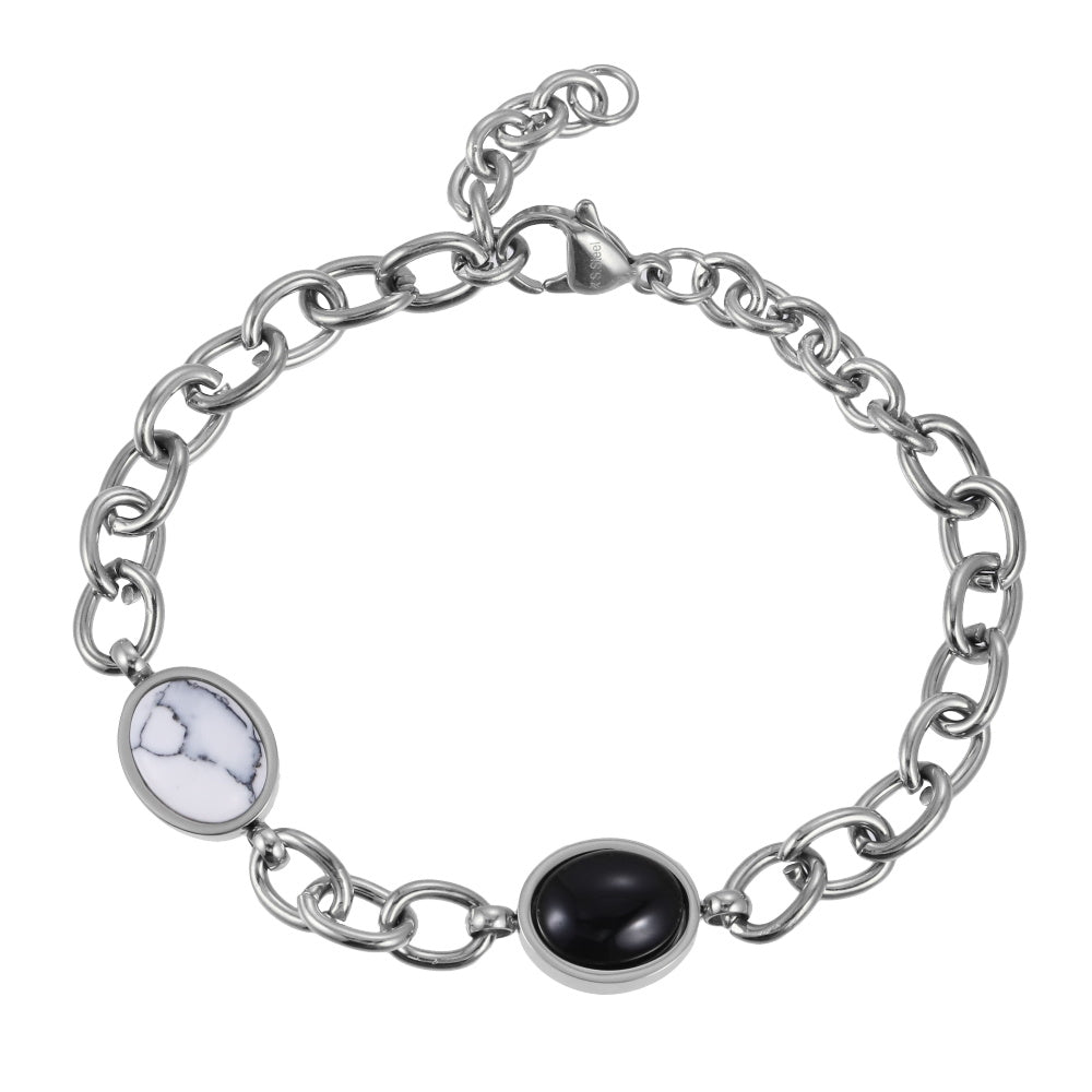 AAB stainless steel bracelet with natural black onyx and synthetic white turquoise, OEM ODM supplier
