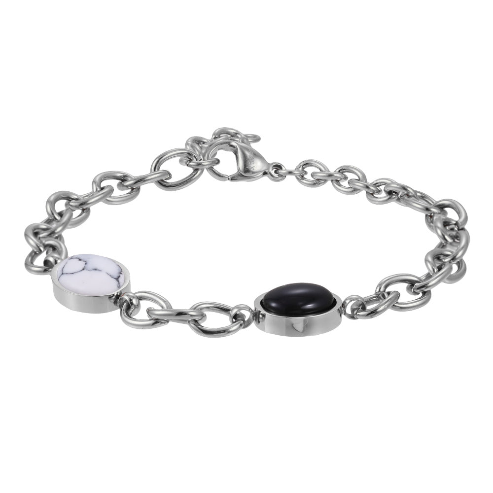 AAB stainless steel bracelet with natural black onyx and synthetic white turquoise, OEM ODM supplier