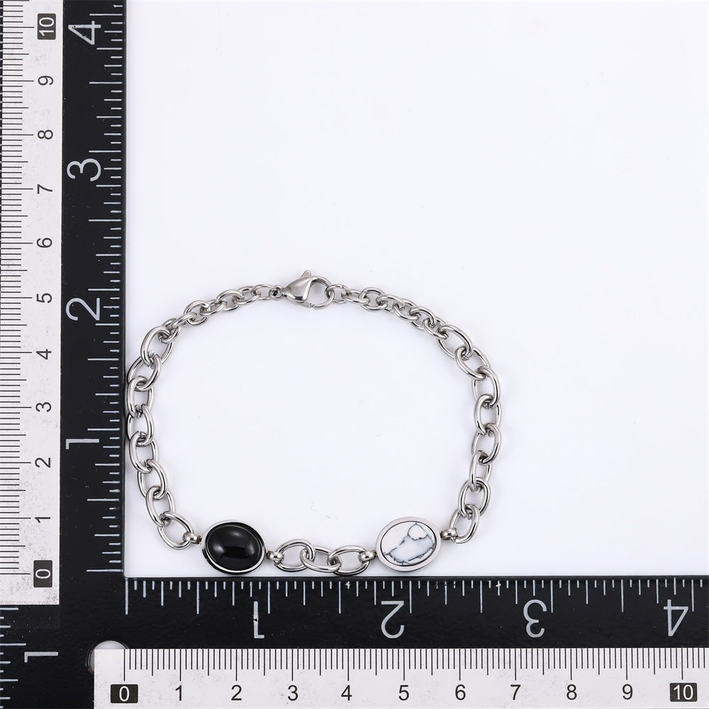 AAB stainless steel bracelet with natural black onyx and synthetic white turquoise, OEM ODM supplier