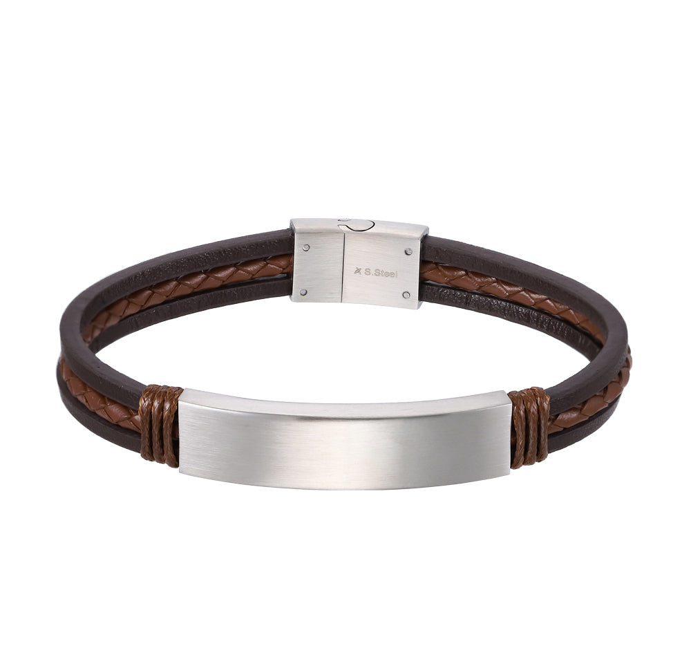 BSS979 STAINLESS STEEL LEATHER BRACELET WITH ID PLATE AAB CO..