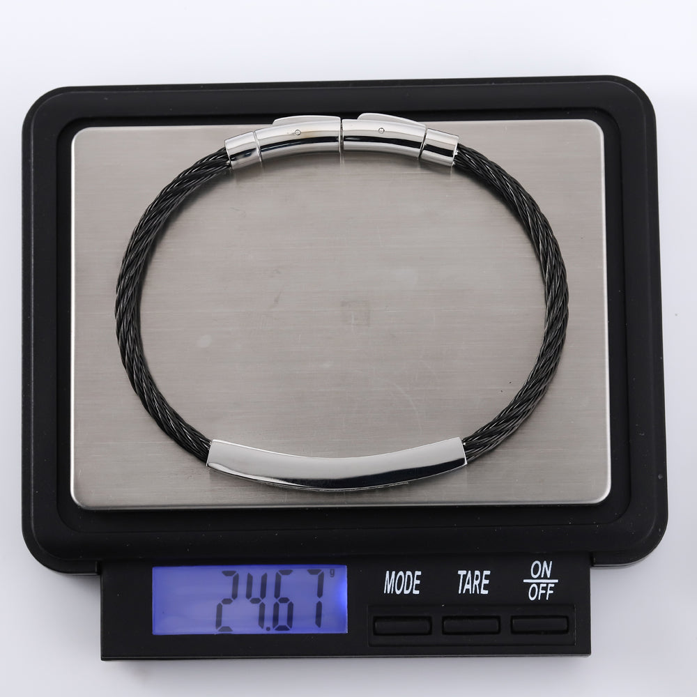 BSS982 STAINLESS STEEL CABLE BRACELET WITH BLACK CZ AAB CO..