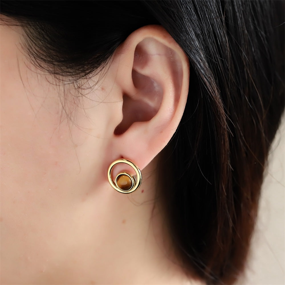ESS870 STAINLESS STEEL ROUND EARRING WITH NATURAL STONE