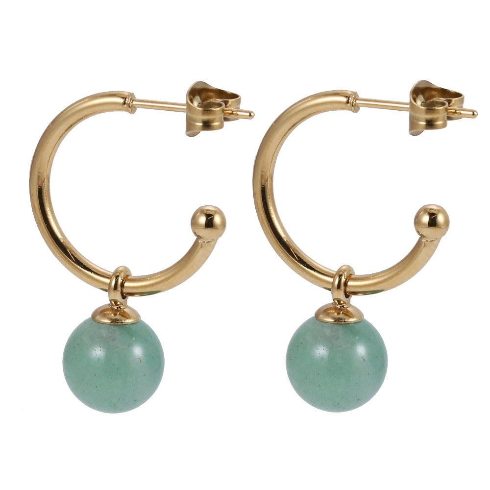 AAB Co stainless steel hoop earrings with natural green aventurine stone in 14K gold finish