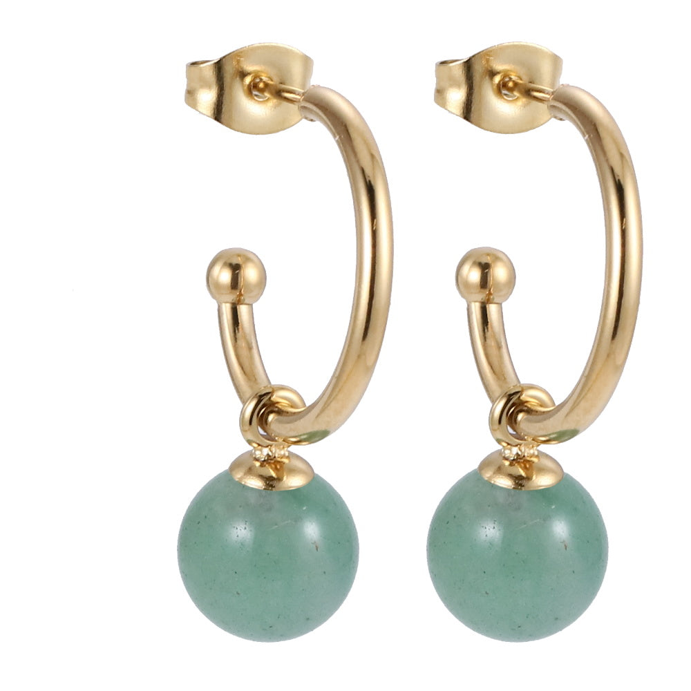 AAB Co stainless steel hoop earrings with natural green aventurine stone in 14K gold finish