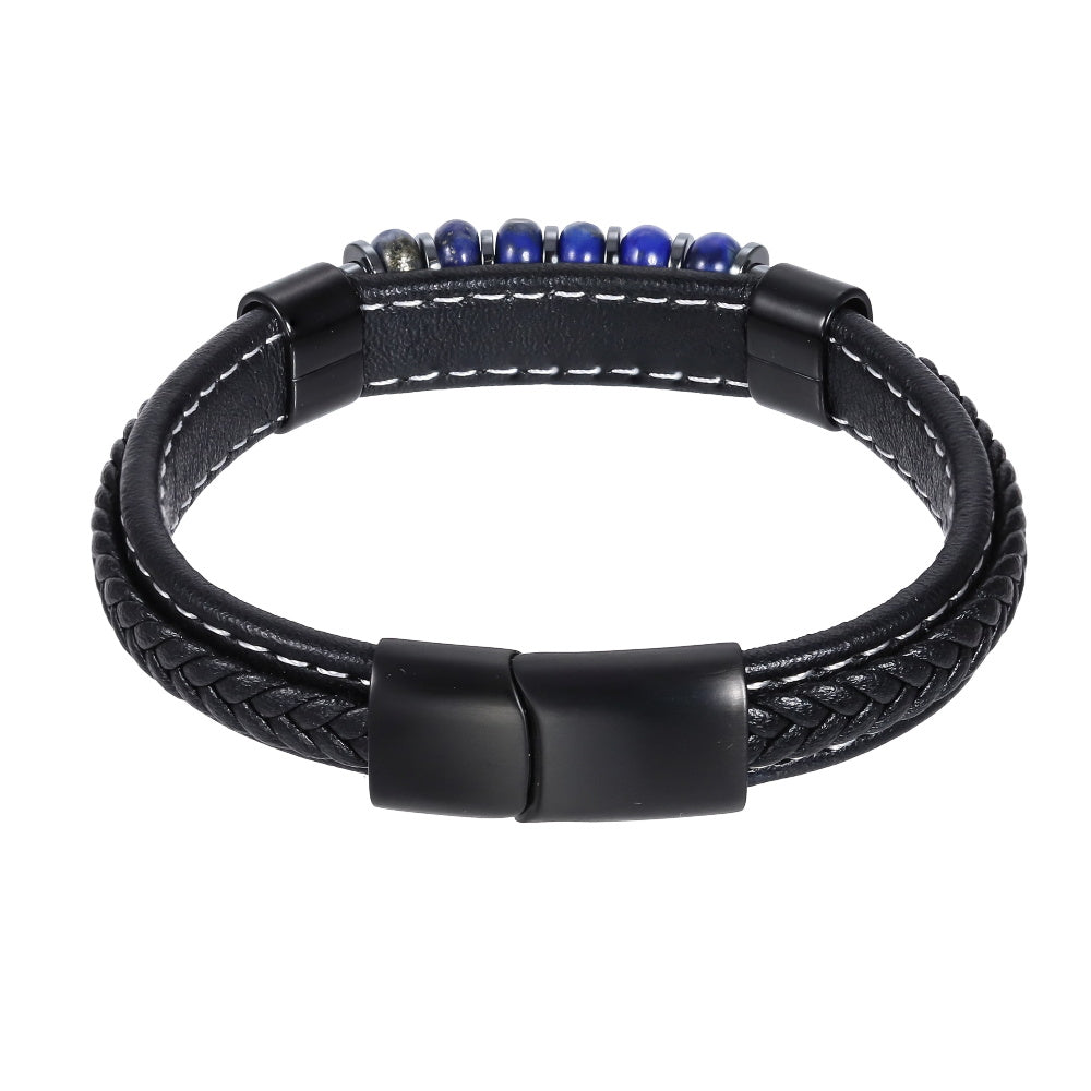 AAB Co men’s stainless steel leather bracelet with hematite and dyed lapis beads