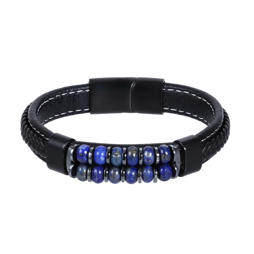 AAB Co men’s stainless steel leather bracelet with hematite and dyed lapis beads