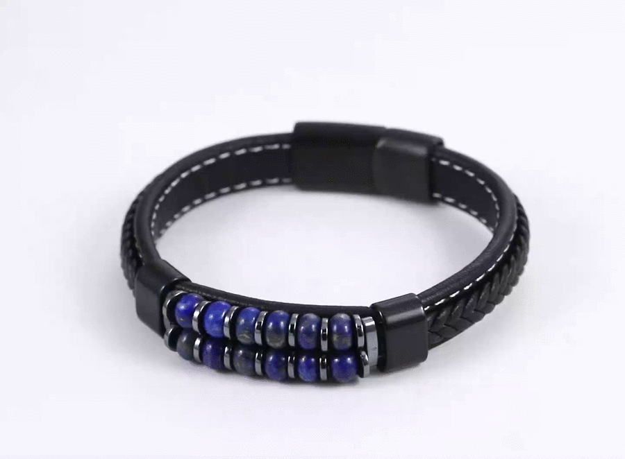 MBSS253 STAINLESS STEEL LEATHER BRACELET WITH HEMATITE & STONE