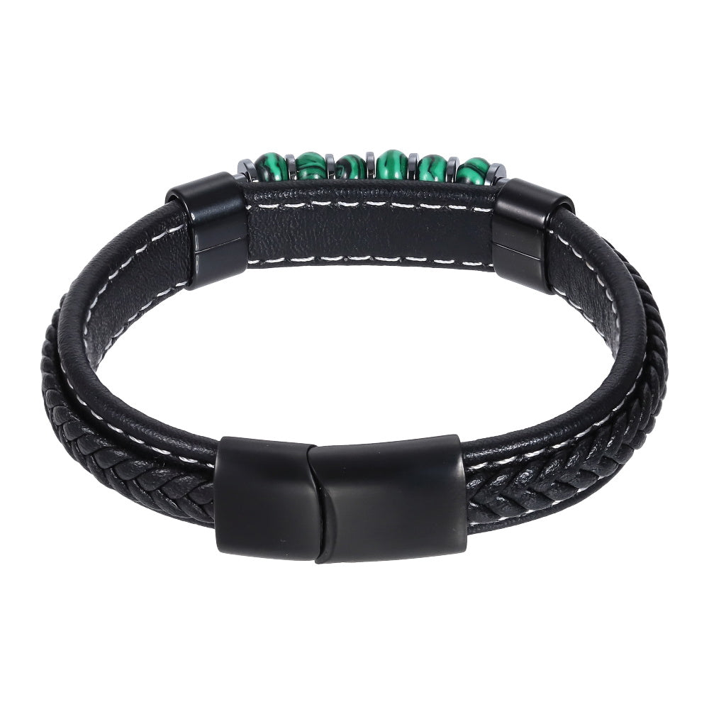 AAB Co men’s stainless steel leather bracelet with hematite and synthetic malachite beads
