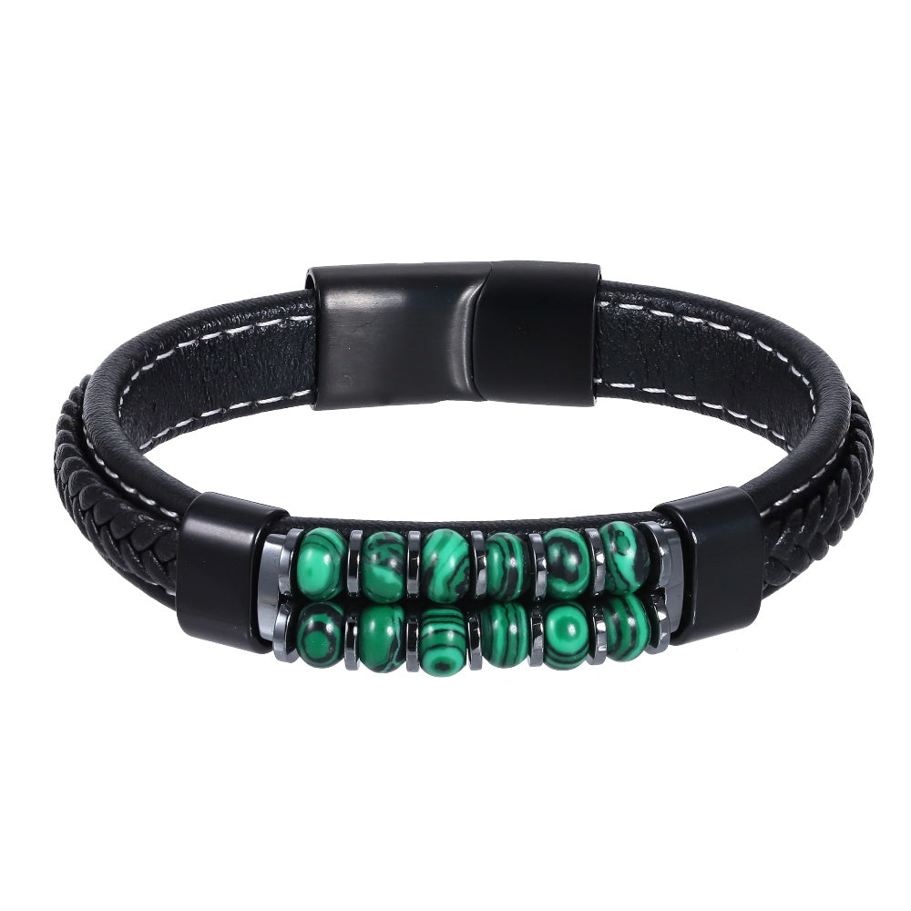 AAB Co men’s stainless steel leather bracelet with hematite and synthetic malachite beads