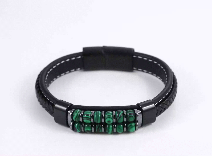 MBSS253 STAINLESS STEEL LEATHER BRACELET WITH HEMATITE & STONE