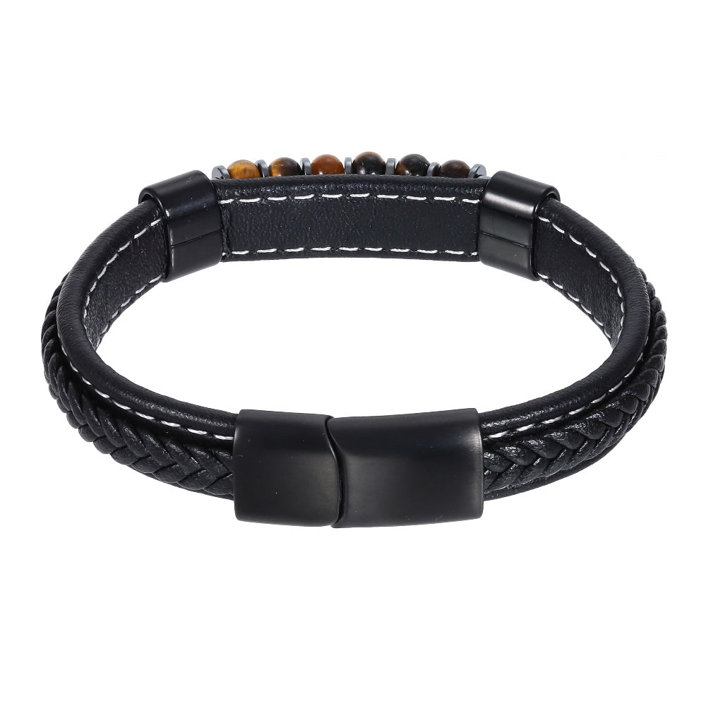 AAB Co men’s stainless steel leather bracelet with hematite and yellow tiger eye beads