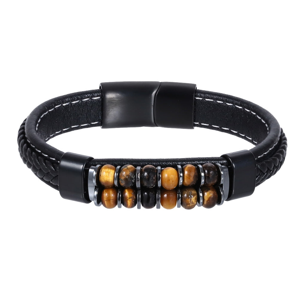 AAB Co men’s stainless steel leather bracelet with hematite and yellow tiger eye beads