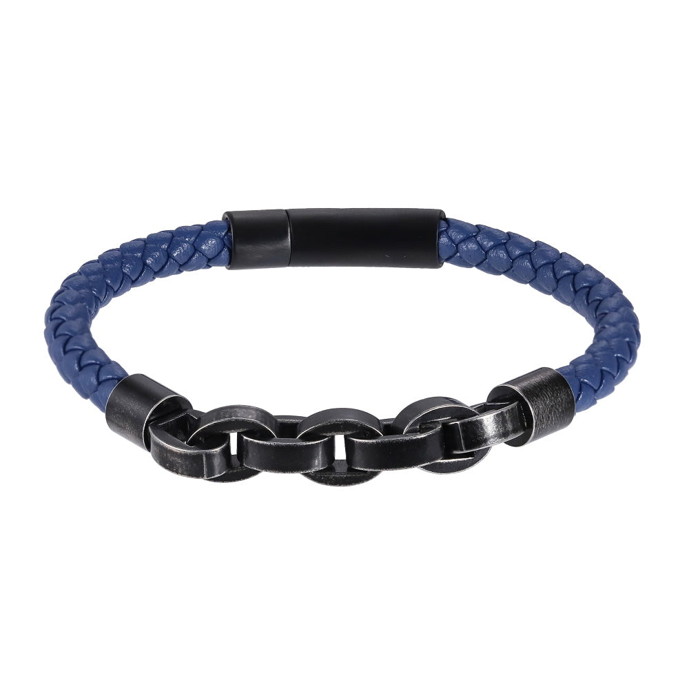 AAB Co. Stainless Steel Leather Bracelet with Chain Link – Black Matte & Blue Leather