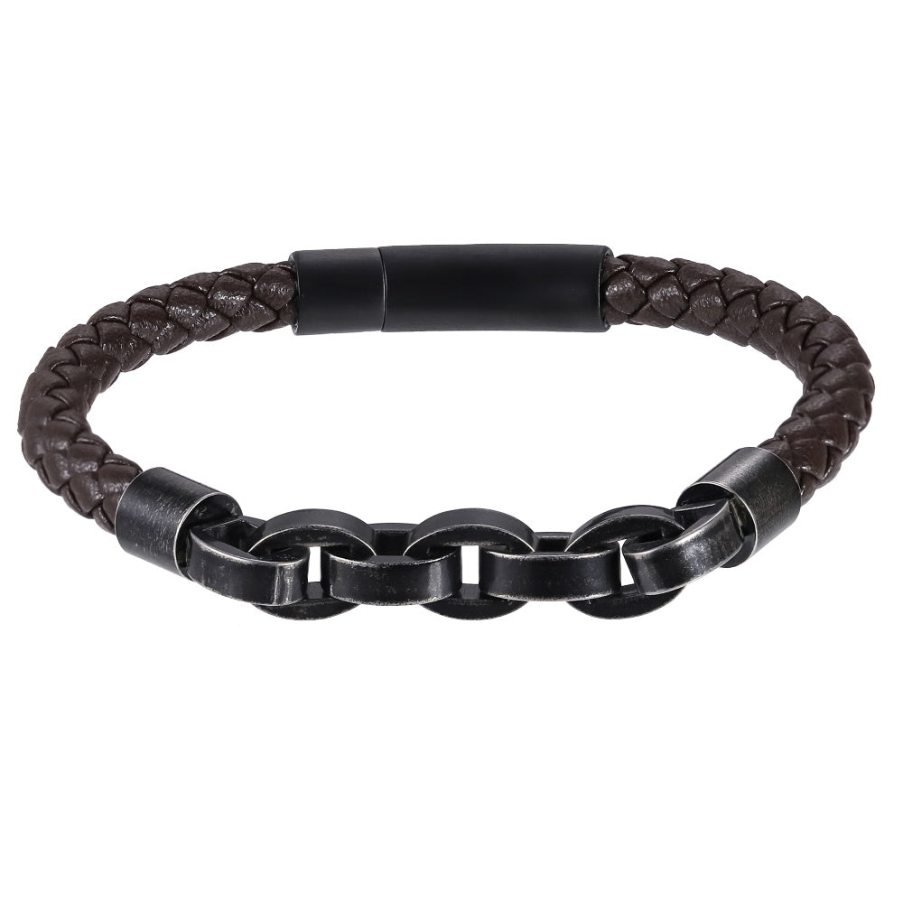 AAB Co. Stainless Steel Leather Bracelet with Chain Link – Black Matte & Brown Leather
