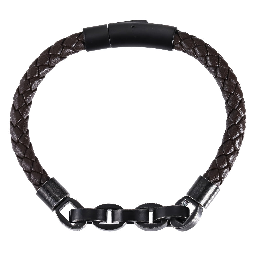 AAB Co. Stainless Steel Leather Bracelet with Chain Link – Black Matte & Brown Leather