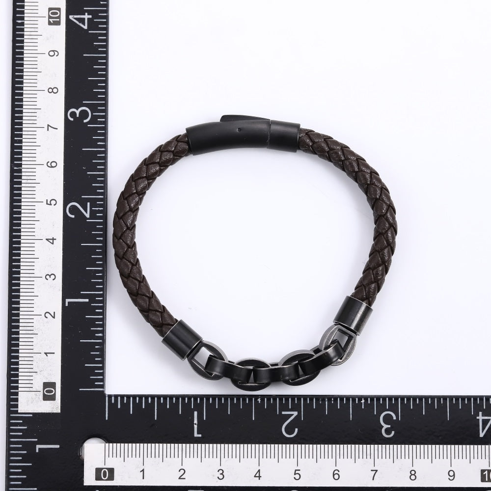 MBSS254 STAINLESS STEEL LEATHER BRACELET WITH CHAIN LINK DESIGN