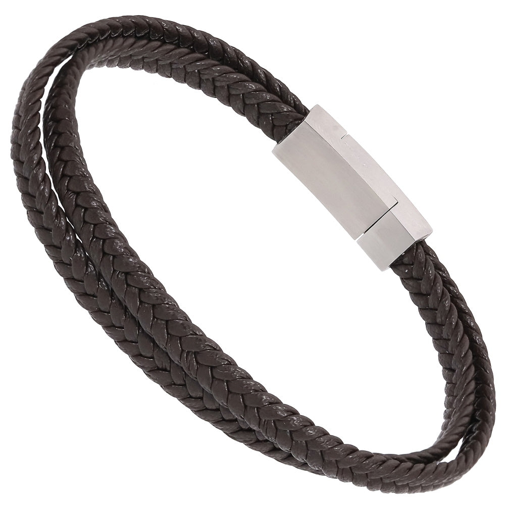 AAB Co. Stainless Steel Double Leather Bracelet – Steel Matte & Brown