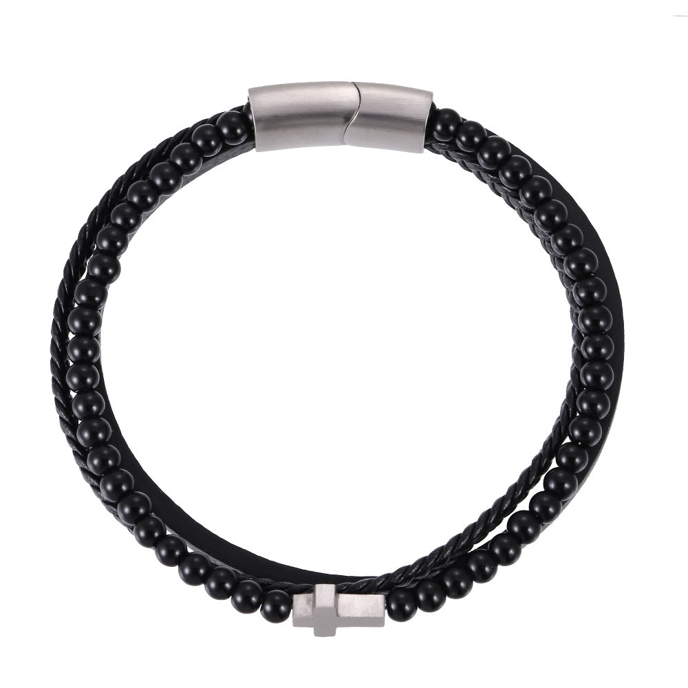 AAB Co. Stainless Steel Leather Bracelet with Cross & Natural Black Onyx Beads