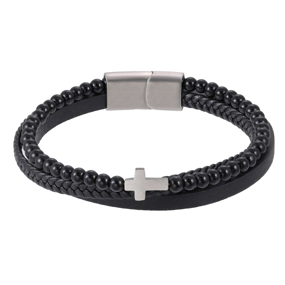 AAB Co. Stainless Steel Leather Bracelet with Cross & Natural Black Onyx Beads
