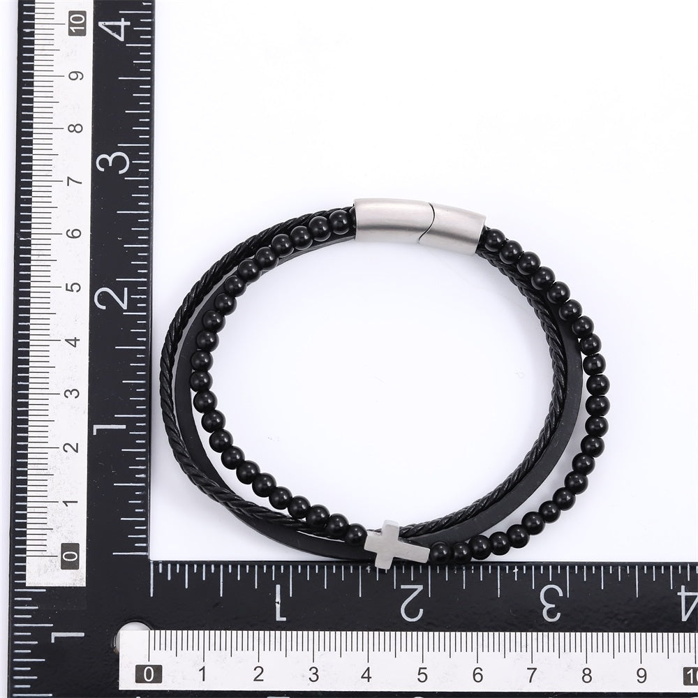 MBSS256 STAINLESS STEEL LEATHER BRACELET WITH CROSS & BEADS