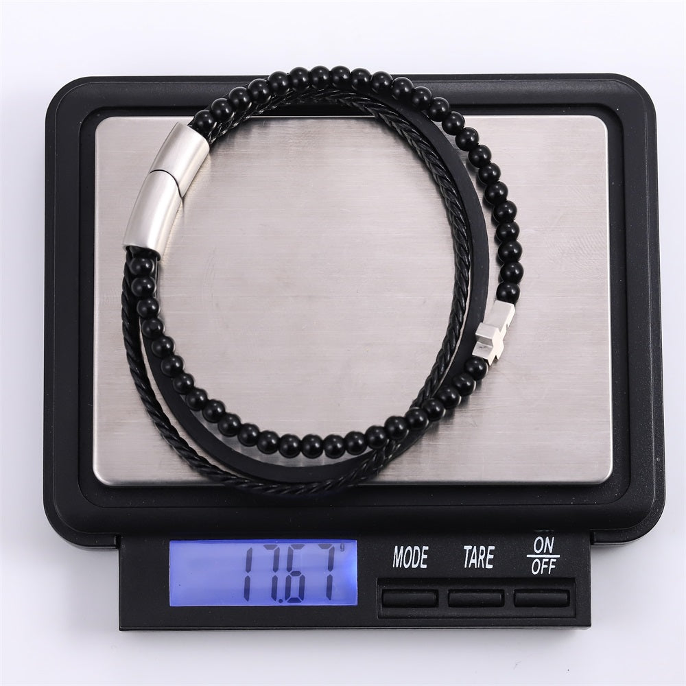 MBSS256 STAINLESS STEEL LEATHER BRACELET WITH CROSS & BEADS