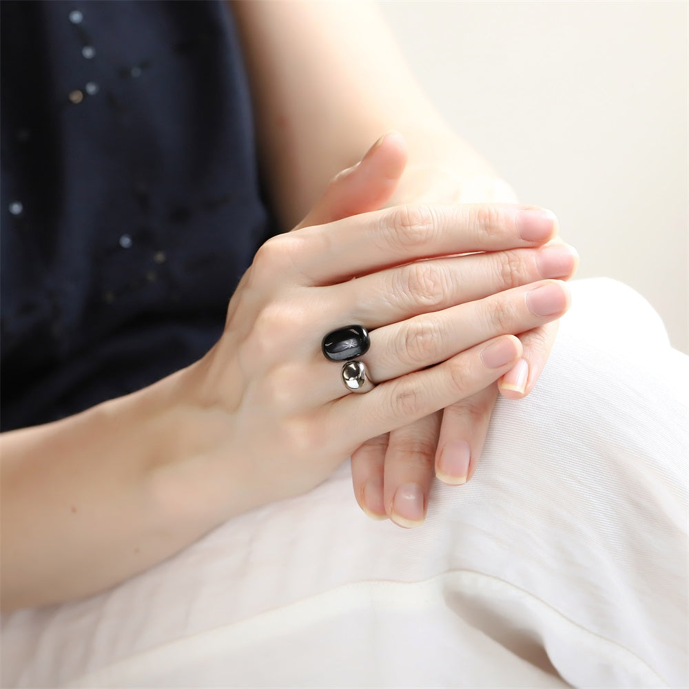 AAB two-tone stainless steel ring in silver and black design, modern fashion accessory, custom jewelry supplier