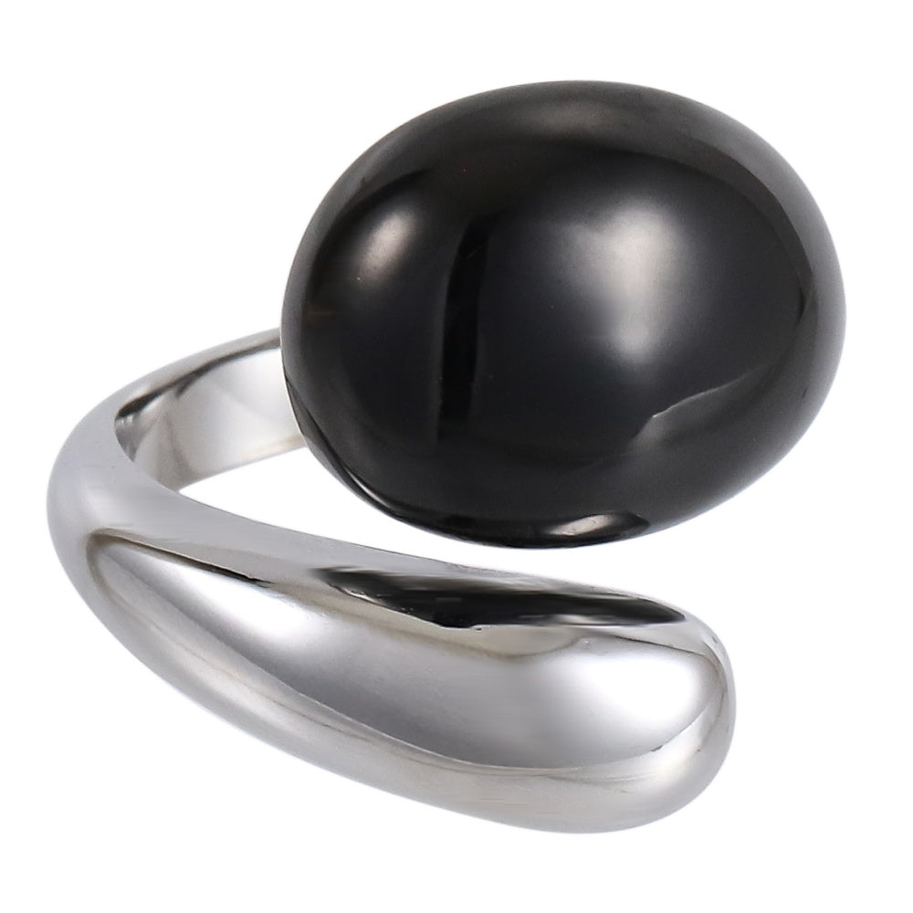 AAB teardrop stainless steel ring in two-tone silver and black finish, contemporary minimalist design, unisex custom jewelry supplier