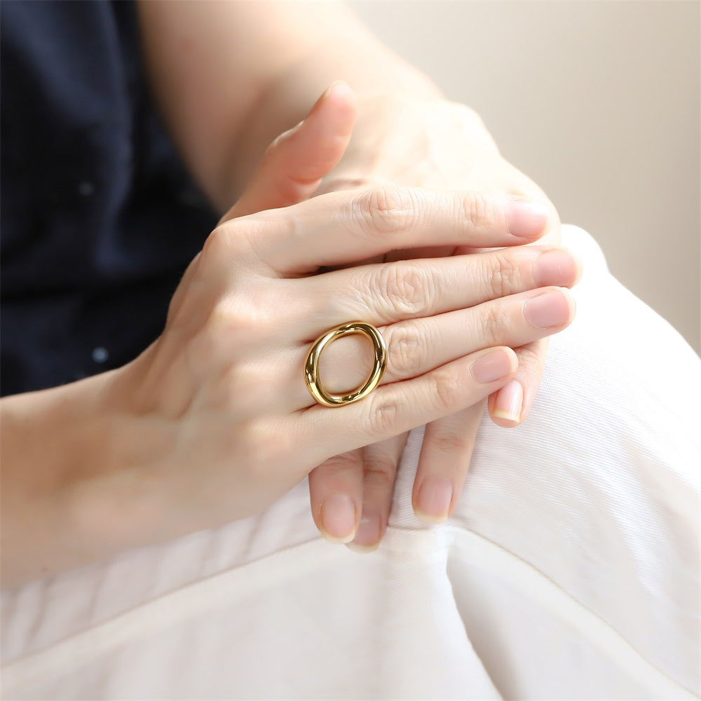 AAB stainless steel ring with sculptural gold finish, minimalist modern jewelry, OEM ODM jewelry manufacturer.