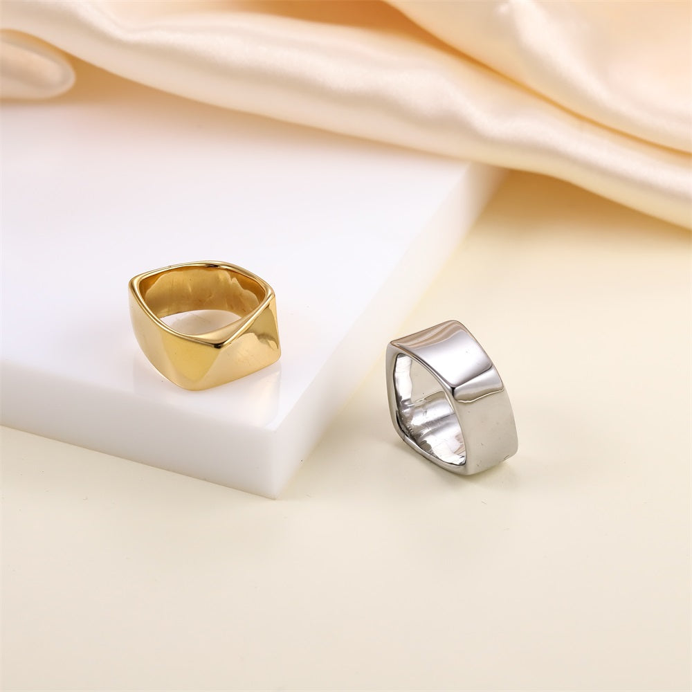 AAB geometric stainless steel ring in polished gold finish, minimalist unisex jewelry, custom jewelry supplier